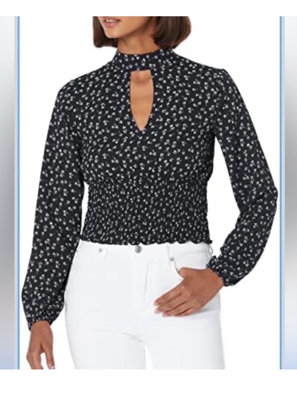 Steve Madden Black Floral Smocked-Waist Long Sleeve Blouse Size M